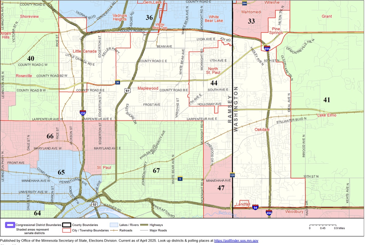 Official Minnesota Secretary of State map showing the boundary of Senate District 44, covering Maplewood, North St. Paul and neighbouring communities in Ramsey and Washington counties.