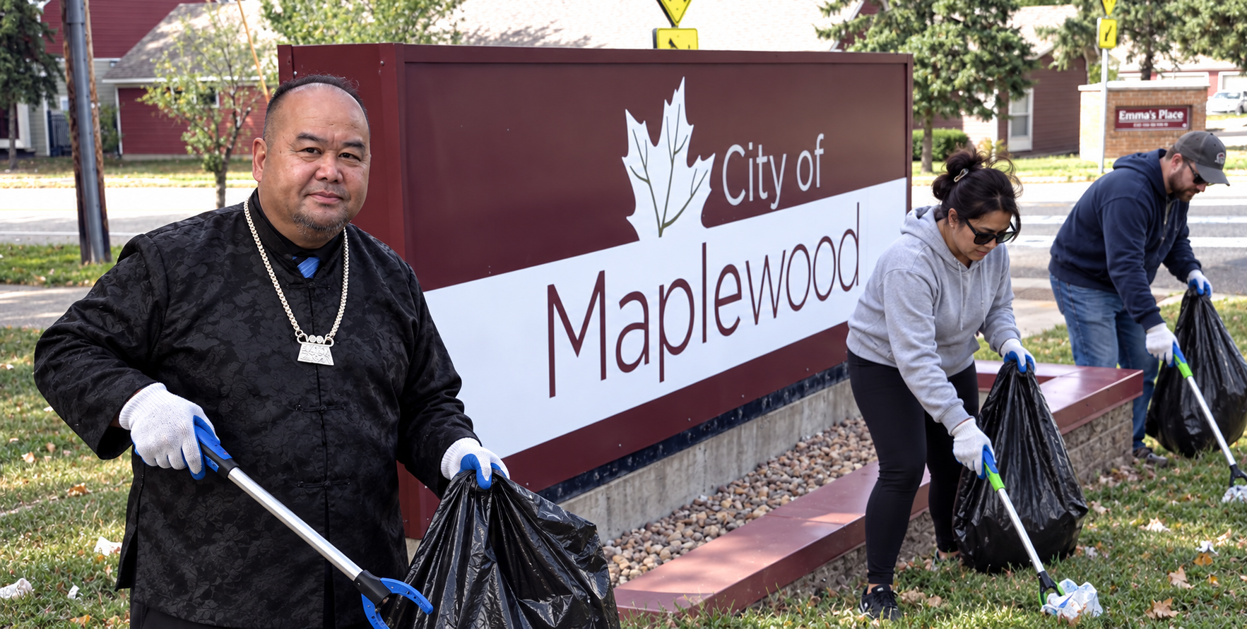 Concept composite of Tzianeng Vang and volunteers cleaning up beside the Maplewood sign