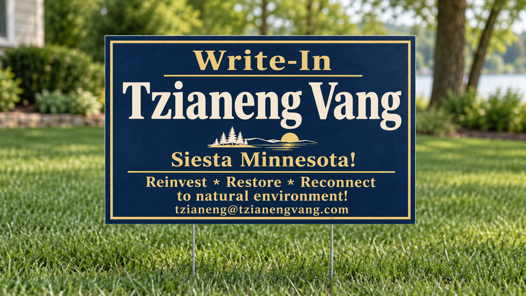 Proposed lawn sign: Write-In Tzianeng Vang. Siesta Minnesota! Reinvest * Restore * Reconnect to natural environment! Contact: tzianeng@tzianengvang.com